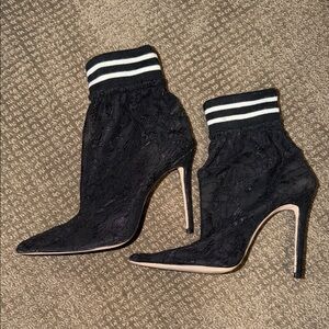 Black Lace High Heel Sock Booties with Stripe Cuff